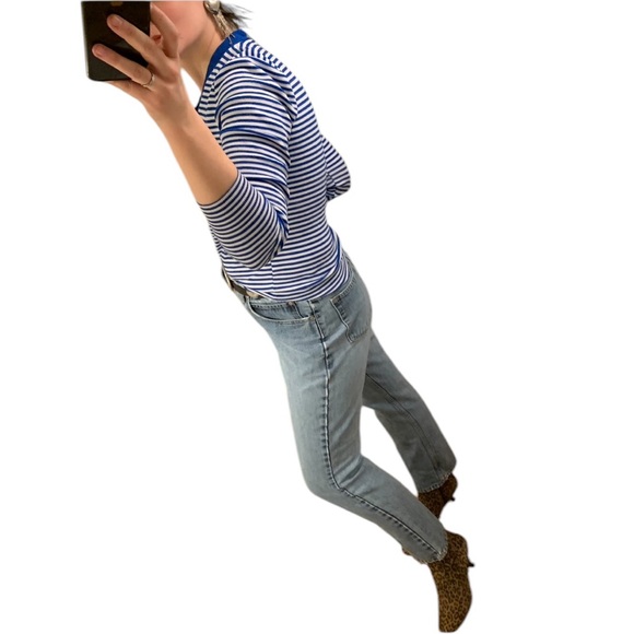 VTG Blue White Stripe V Neck Knit Pullover Sweater Jumper Academia Prep XS S M - Picture 7 of 16